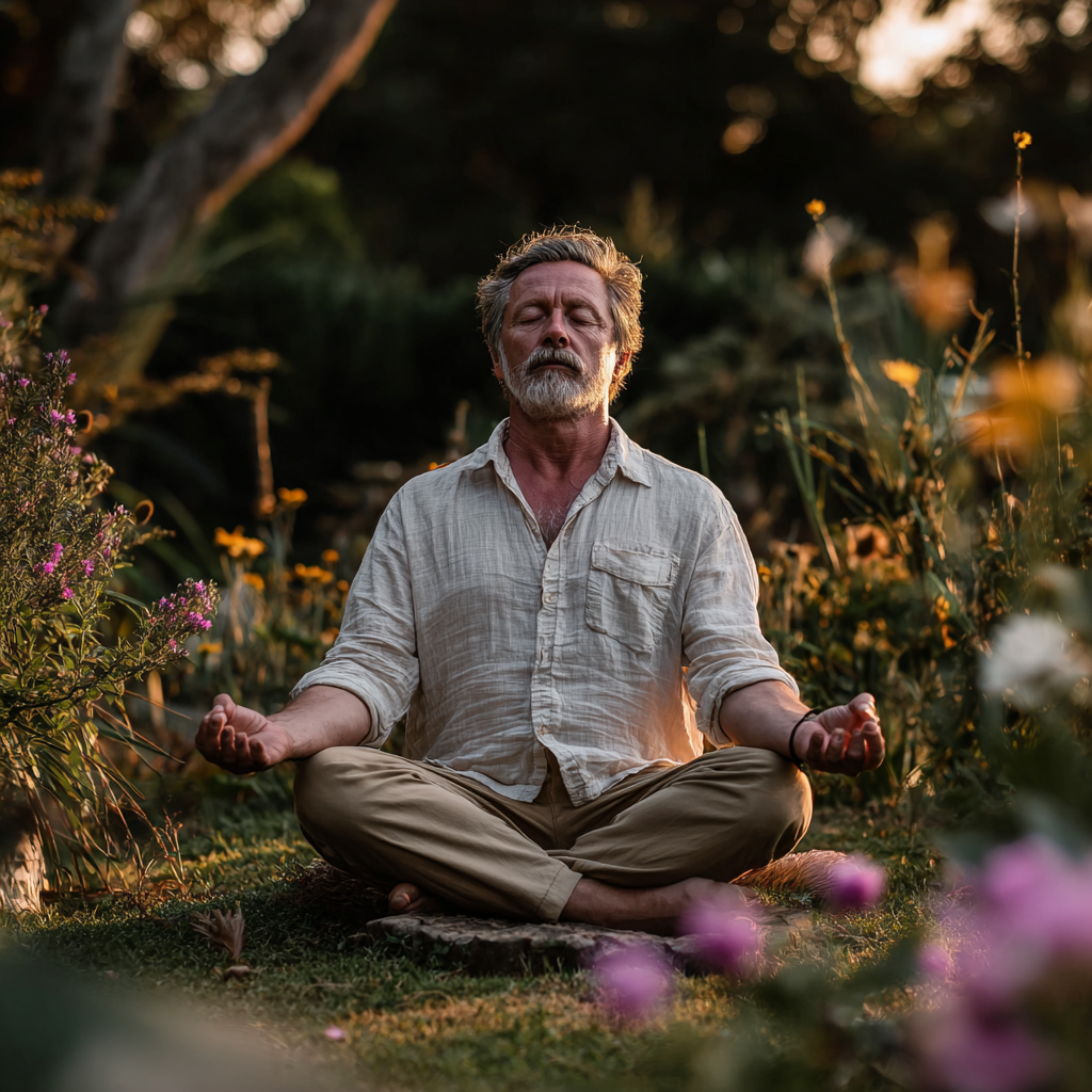 Чоловік 55 років практикує йогу на природі, сидить у позі лотоса з закритими очима, довкола зелена трава і квіти