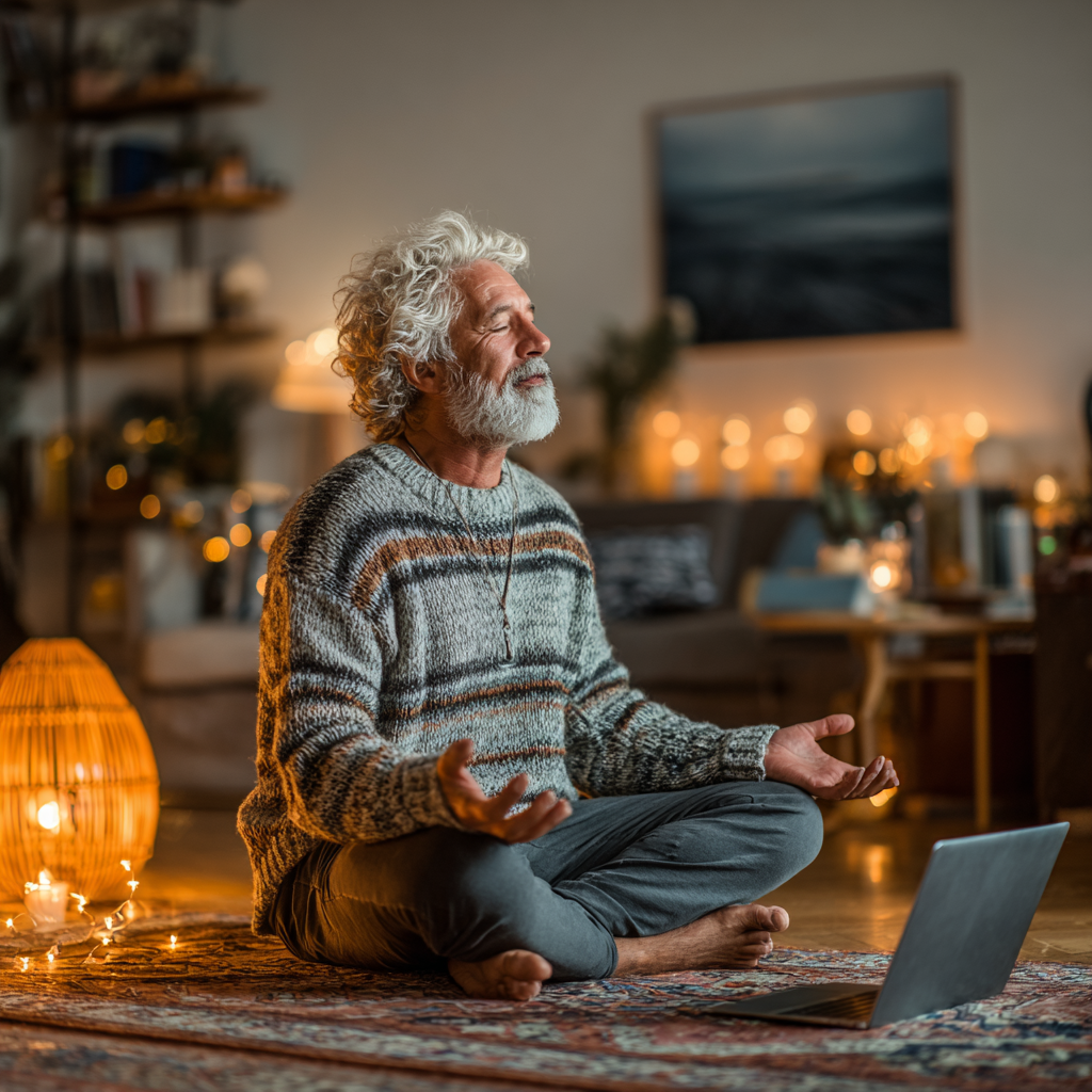 Чоловік 61 року займається йогою онлайн вдома, дивиться на планшет і повторює рухи інструктора