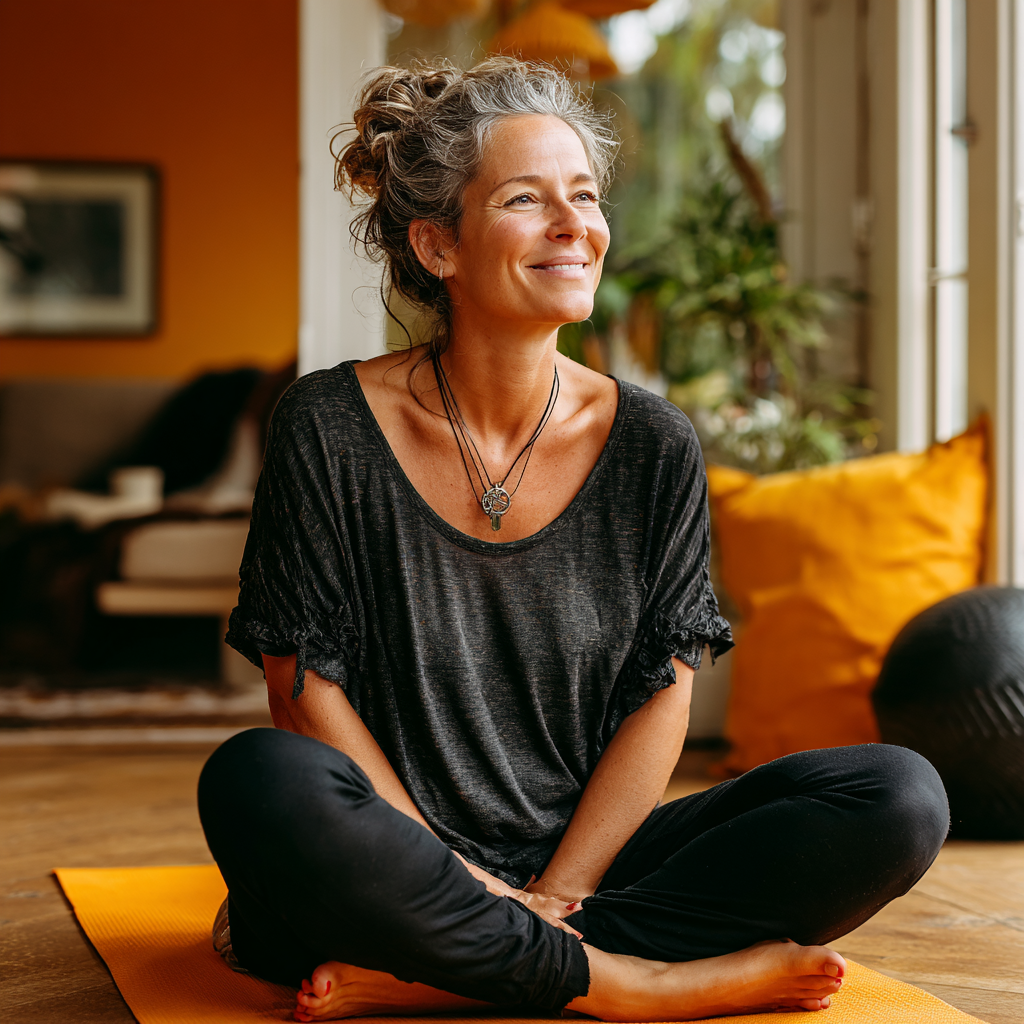 Жінка 52 років виконує м'яку асану йоги вдома, сидить на килимку в світлій кімнаті, усміхається